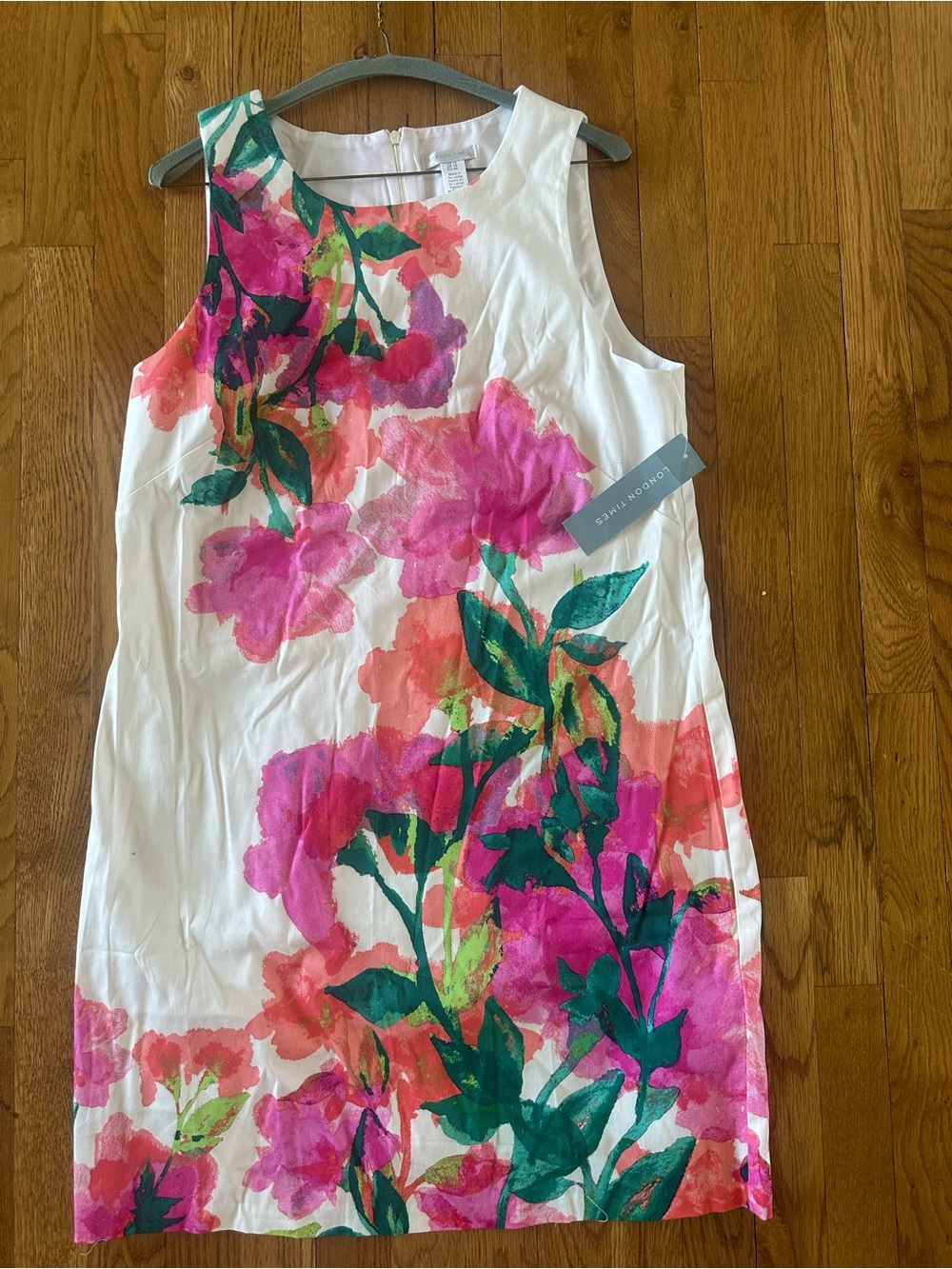 London Times White Dress with Pink Floral and Green Foliage